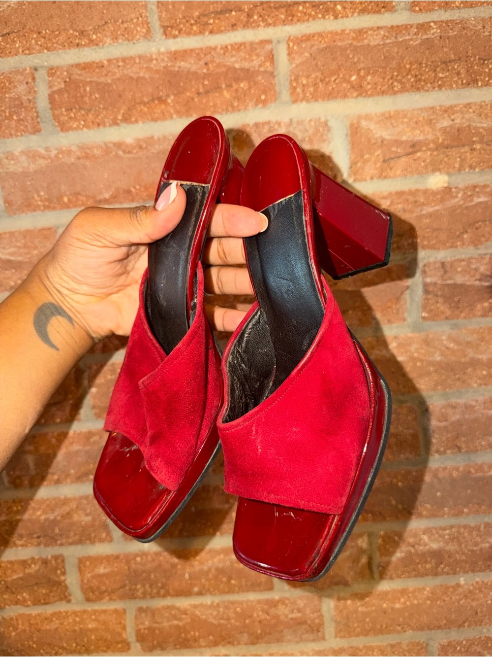 Enzo Angiolini Red Suede Open-Toe Block Heel Mules